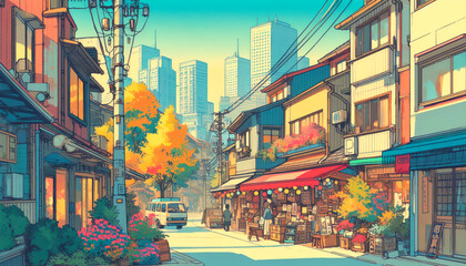 story book illustration of cute little urban downtown