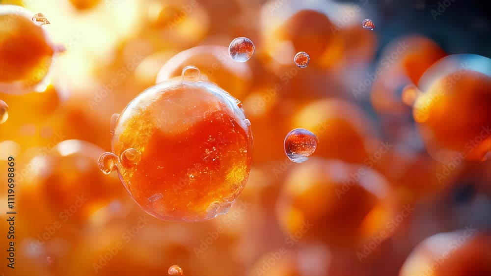 Poster macro view of orange spheres submerged in sparkling water, surrounded by bubbles and glowing light r