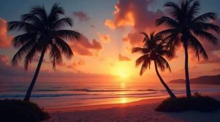 Fototapeta na wymiar Serene Beach Sunset with Palm Tree Silhouettes