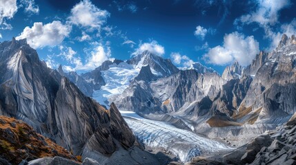 Obraz premium High-end photography of a dramatic mountain range with a glacier and a deep blue sky in the background