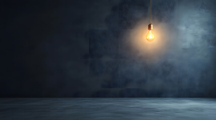 Dark empty room with single flickering light bulb casting long shadows, emphasizing absence of power and eerie atmosphere, minimalist setting with focus on light bulb's glow.