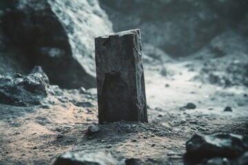 A mysterious, weathered monolith stands solitary amidst a rugged landscape, suggesting an ancient and thoughtful presence.