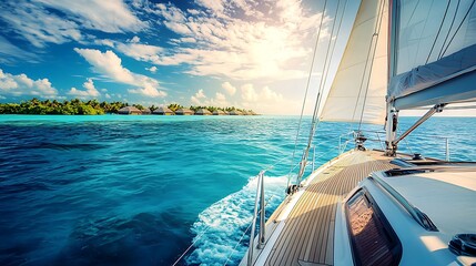 Obraz premium A sailboat is sailing on a blue ocean with a clear sky