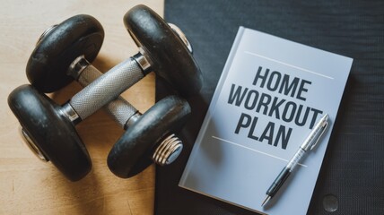 Dumbbells and book with home workout plans.