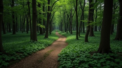 Fototapeta premium Aerial View of a Serene Forest Pathway Surrounded by Lush Greenery