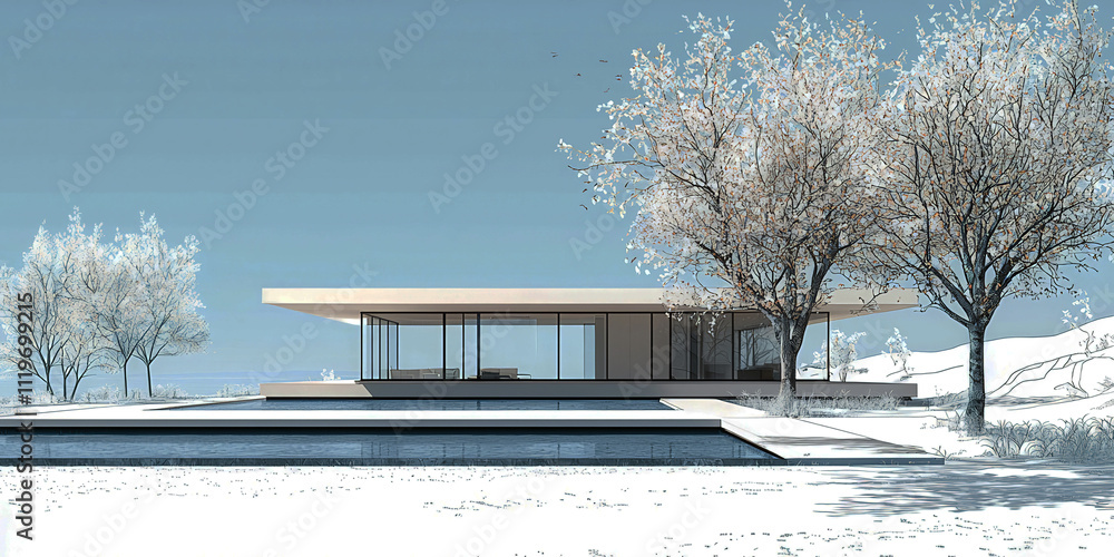 Poster a house with a pool and a tree in front of it. the house is white and has a lot of glass windows. th