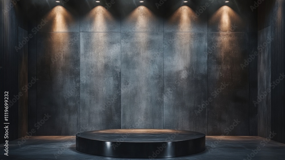 Poster modern empty stage design with a metallic podium lit by sharp ceiling spotlights, set against a mini