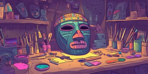A vibrant artist's workshop featuring a large mask, paints, and crafting tools.