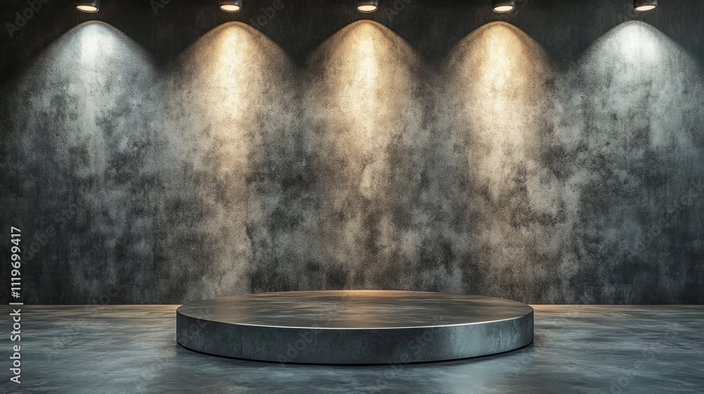 Poster modern empty stage design with a metallic podium lit by sharp ceiling spotlights, set against a mini