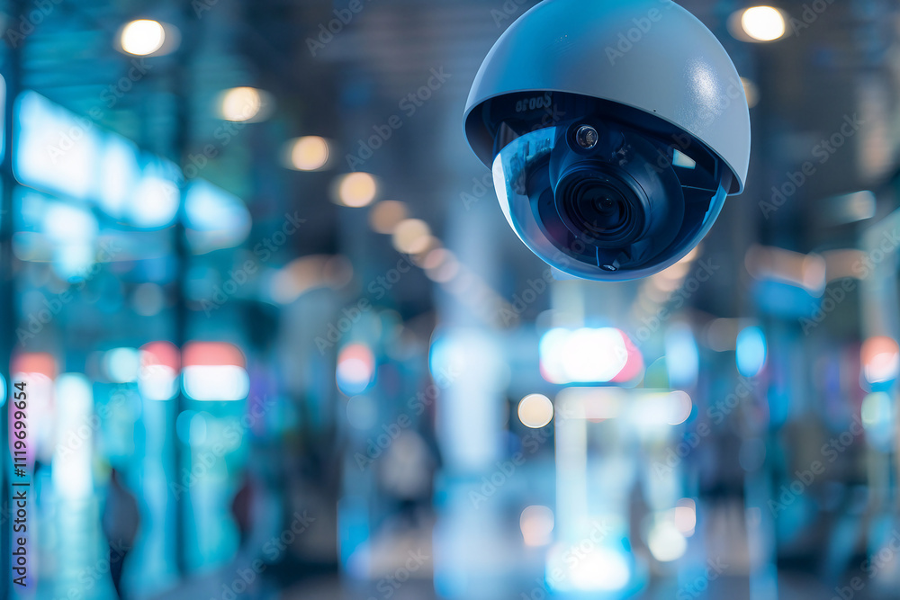 Poster close-up view of a modern security camera monitoring vigilantly, showing details of advanced technol