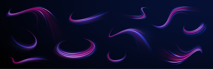 Futuristic dynamic motion technology. Png, neon, line, blur, beam, ray, abstract, energy. Neon color glowing lines background, Glowing wave swirl, impulse cable lines. High-speed light trails effect. 