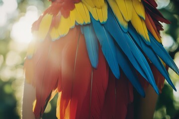 Fototapeta premium Brightly colored parrot feathers catch the sunlight, showcasing a burst of vibrant reds, blues, and yellows in a natural, tropical setting.