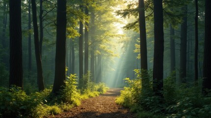 Fototapeta premium Sunlight Filtering Through a Serene Forest
