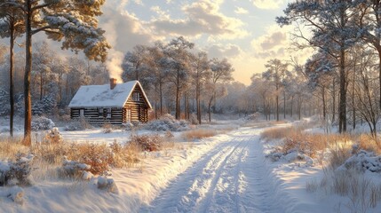 Obraz premium Snowy cabin in winter forest sunrise.