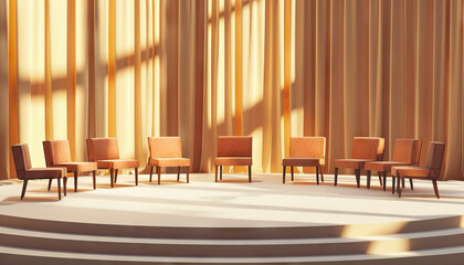 Panel Discussion Set: An empty stage with multiple chairs arranged in a semi-circle, ideal for hosting diverse guests and experts