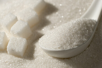 White refined beet sugar in the form of crystals and cubes.