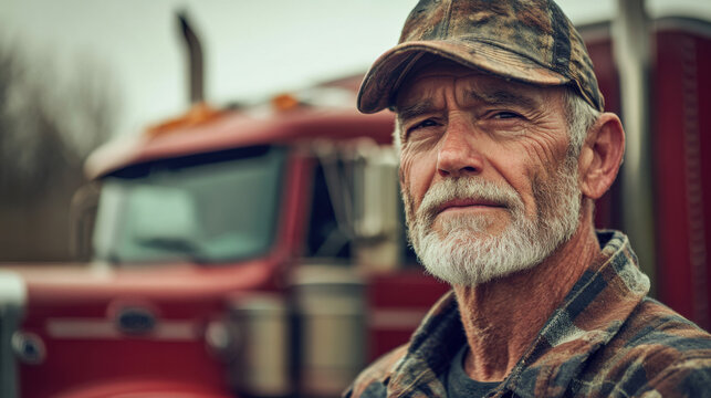 Portrait of old male truck driver sitting in cab In the background, softly blur his truck