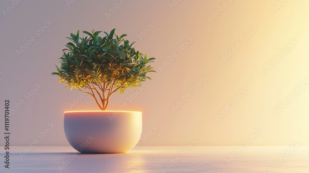 Poster Glowing 3D Render of a Tree Growing in a Pot with Soft Light and Minimalist Background