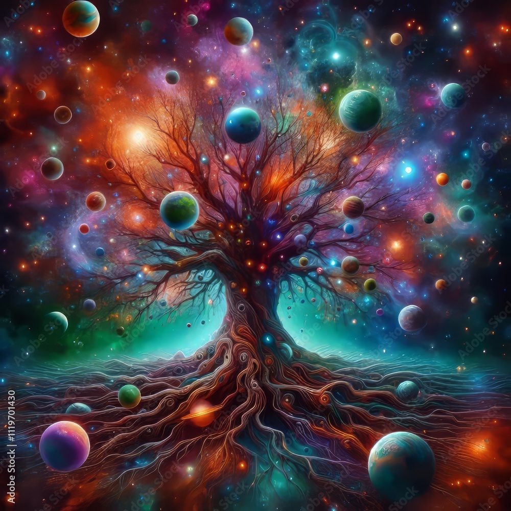 Poster interstellar tree a massive tree with roots spreading through th