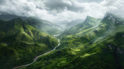 Obraz premium High-end photography of a dramatic mountain landscape with a winding river and lush green valleys