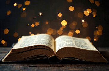 Magic Book With Open Antique Pages And Abstract Bokeh Lights Glowing In Dark Background - Literature And Education Concept
