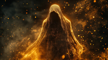 3D render of a glowing golden ghost, symbolizing mystery, fantasy, and supernatural themes