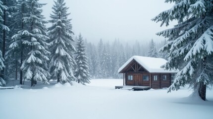 Serene Winter Landscape with Cabin and Pine Trees