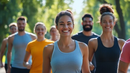 A woman smiles while running in a group of people.