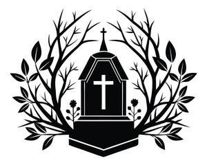 Naklejka premium Grave with Cross and Branches. Symbol of Life and Death