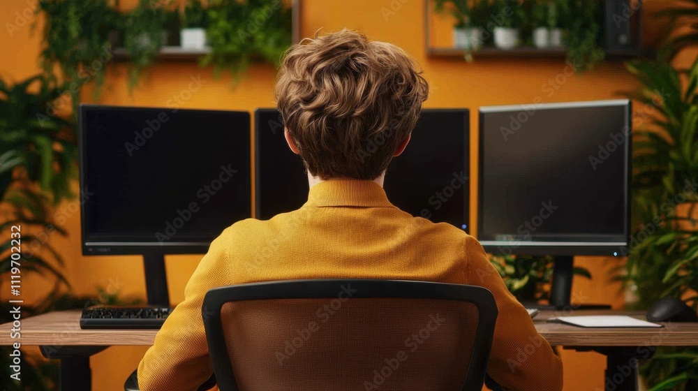 Aufkleber software developer working at desk modern office portrait view