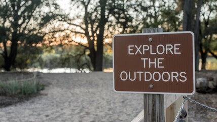 Sign with the phrase ''Explore The Outdoors'', trail and beautiful landscape in the background.