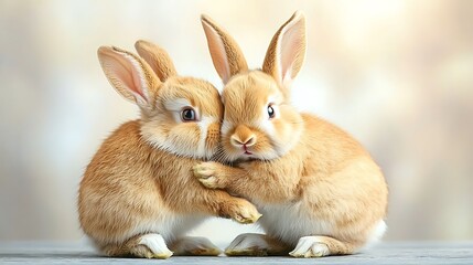 A vertical photo showing a pair of adorable bunnies playing together, affectionately squeezing each other and squinting in contentment, set against a soft focus background.