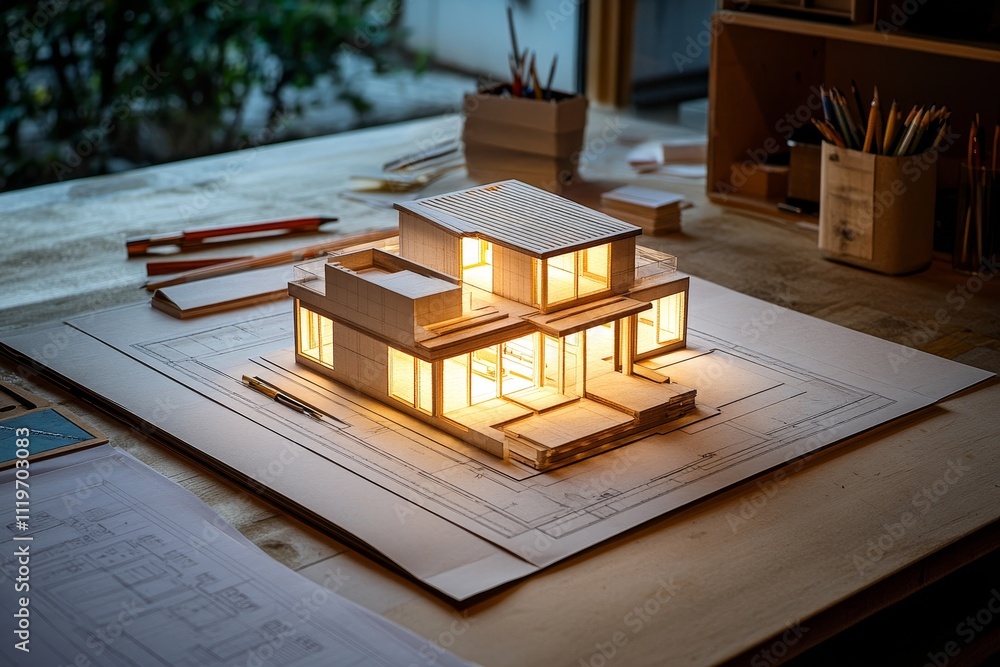 Poster architectural model showcase of a modern house design with warm lighting on a drafting table surroun