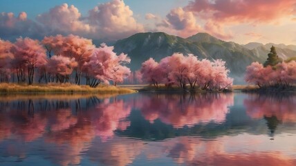 View of pink cherry trees by the lake. generative ai
