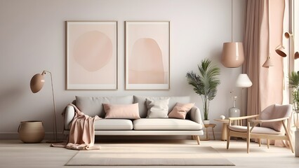 mock-up poster frame in a hipster, Scandinavian setting. modern interior design that is minimalistic. 3D illustration