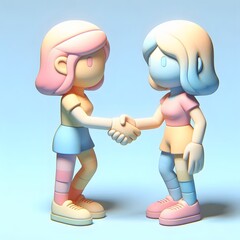a cartoonish 3D graphic of two human figures shaking hands with exaggerated features and pastel colors