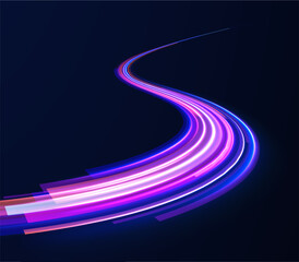 Light arc in neon colors, in the form of a turn. Magic bright shine glow of energy lines, shiny swirl power waves flow, electric trail glowing in dark backgrou. Abstract neon light motorway background