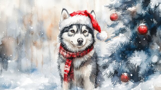 A cute Siberian Husky wearing a Santa hat and scarf stands under the Christmas tree, watercolor painting