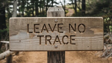 Wooden sign with the phrase ''Leave no trace'', trail and beautiful landscape in the background.