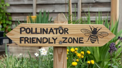 Wooden sign with the phrase ''Pollinator friendly zone'', garden with lots of flowers in the background.