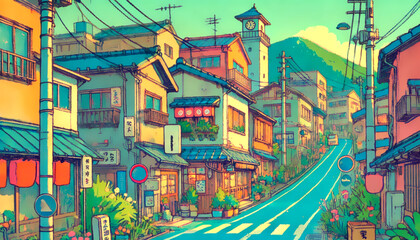 Obraz premium story book illustration of cute little urban downtown