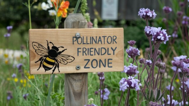 Wooden sign with the phrase ''Pollinator friendly zone'', garden with lots of flowers in the background.