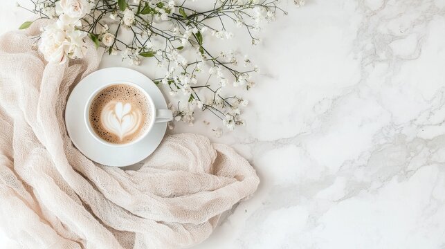 Elegant coffee cup with floral arrangement on marble surface