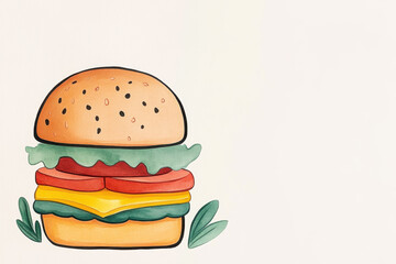 Cartoon-style illustration of a burger with vibrant colors and decorative leaves on a light background