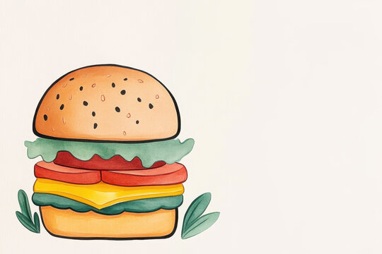 Cartoon-style illustration of a burger with vibrant colors and decorative leaves on a light background