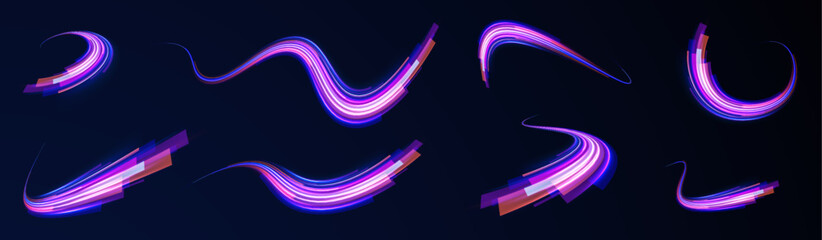 High-speed light trails effect. Futuristic dynamic motion technology. Png, neon, line, blur, beam, ray, abstract, energy. Neon color glowing lines background, Glowing wave swirl, impulse cable lines. 