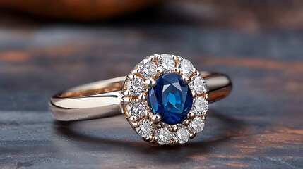 A stunning ring featuring a vibrant blue sapphire surrounded by sparkling diamonds, set against a dark, dramatic background.