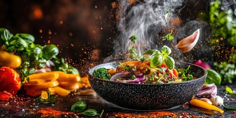 A vibrant bowl of fresh vegetables and herbs with spices, showcasing culinary creativity.