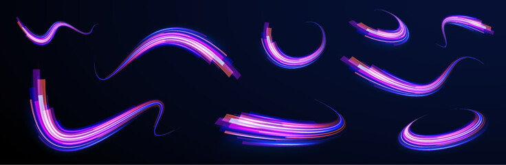 Speed connection background. Expressway, car headlight effect. Speed connection vector background. Png, line, blur, beam, ray, abstract, energy, pack, effect. Vector glowing lines air flow effect.