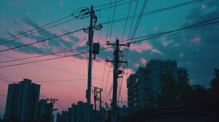 A silhouette of an electric pole at dusk, with the sky painted in soft pastel hues
